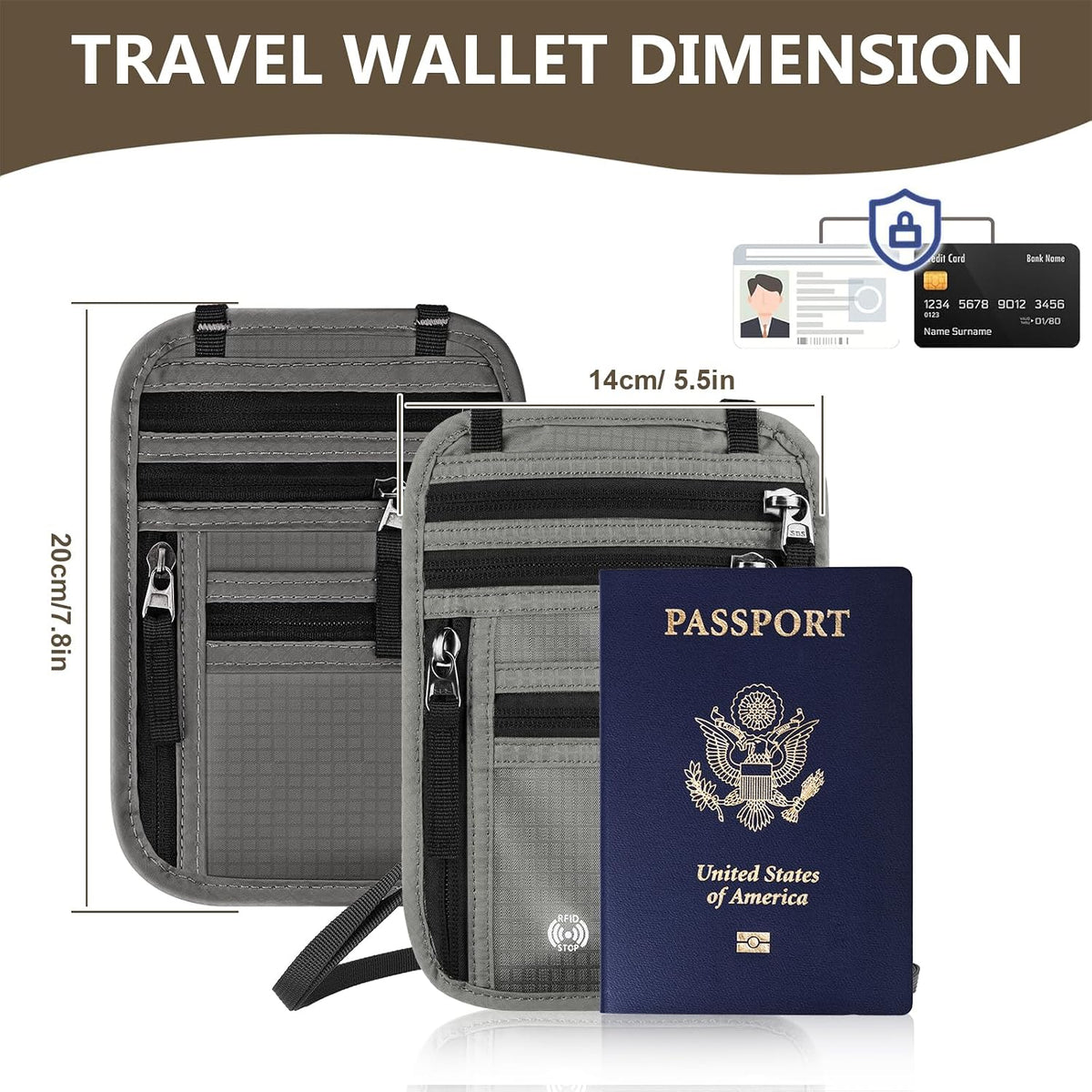 Likesing 5.5" L x 7.9" W Travel Neck Wallet, RFID Passport Pouch(Dark Grey) | RFID Blocking Passport Holder for Travel, Security Lightweight Passport Travel Wallet, Neck Pouch Gifts for Women Men