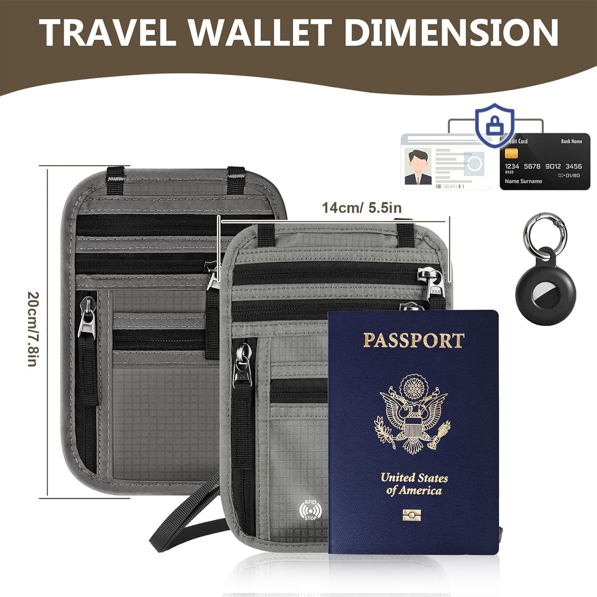 Likesing 5.5" L x 7.9" W Travel Neck Wallet, RFID Passport Pouch(Dark Grey) | RFID Blocking Passport Holder for Travel, Security Lightweight Passport Travel Wallet, Neck Pouch Gifts for Women Men