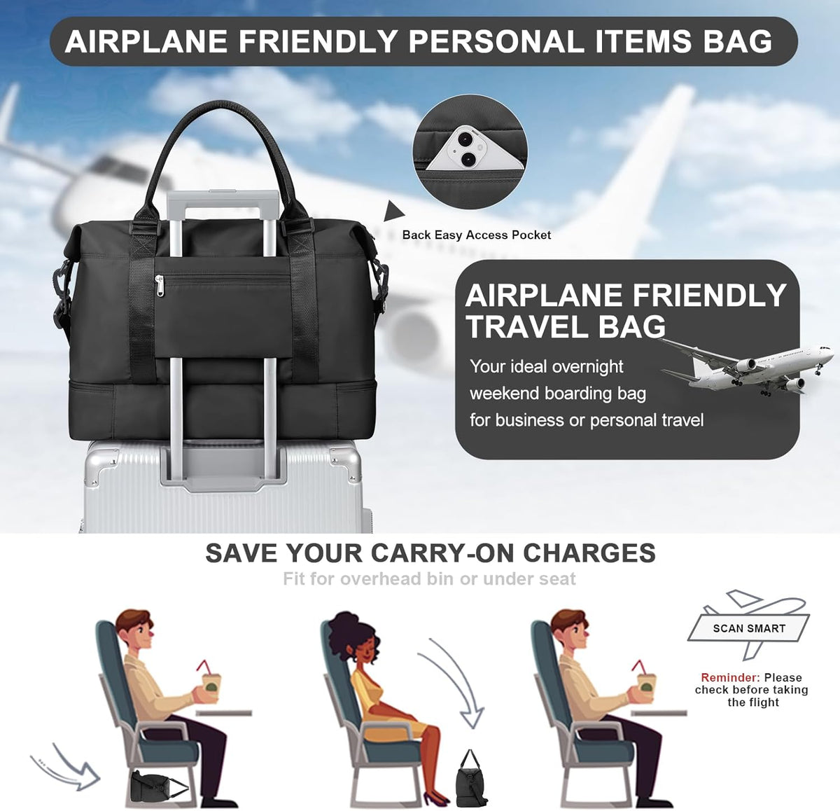 Weekender Bags for Women, Personal Item Travel Bag with Shoes Compartment | Overnight Travel Duffel Bag with Toiletry Bag, Airplane Friendly Carry-On Bag - Colors A