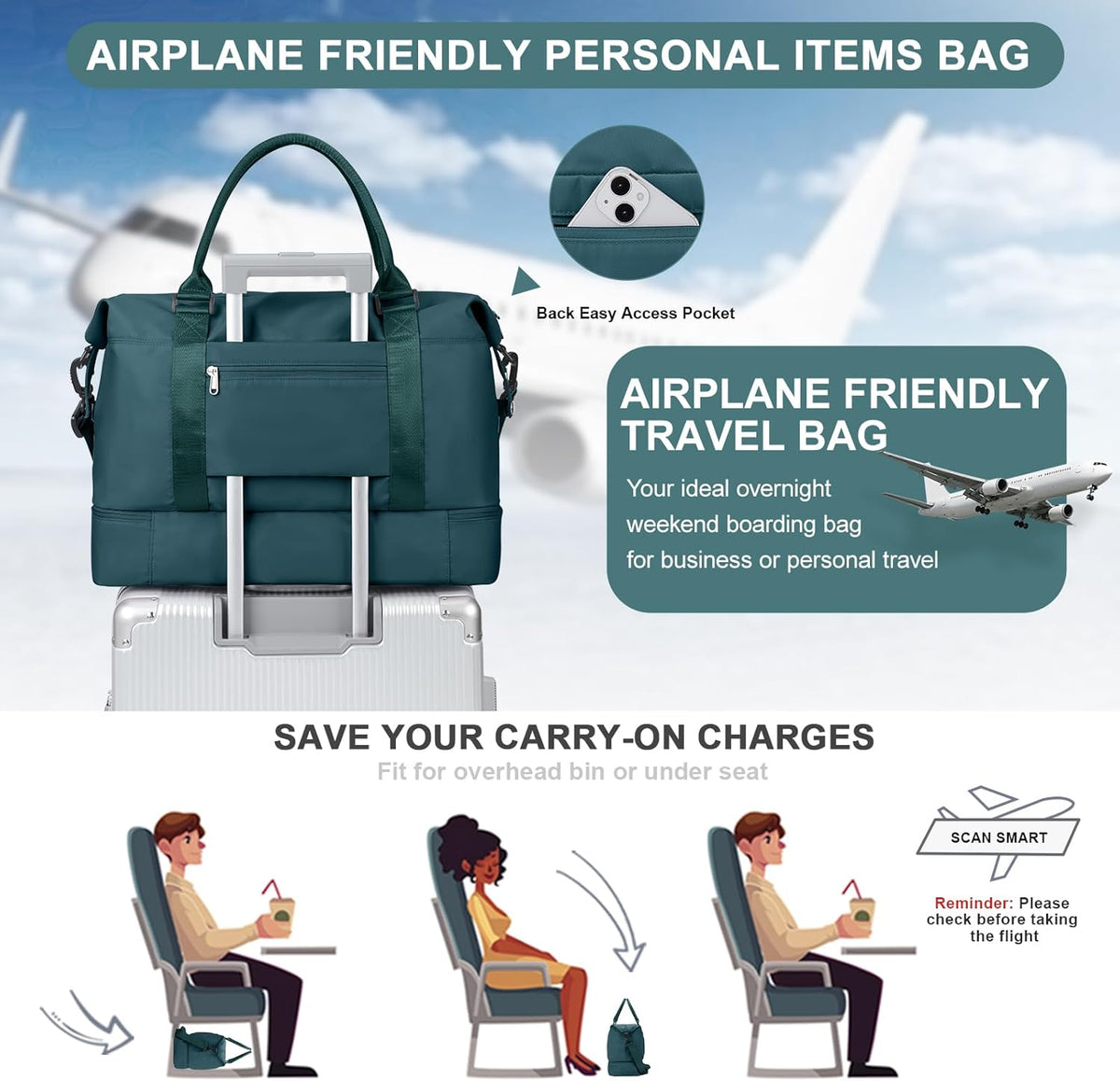 Weekender Bags for Women, Personal Item Travel Bag with Shoes Compartment | Overnight Travel Duffel Bag with Toiletry Bag, Airplane Friendly Carry-On Bag - Colors A