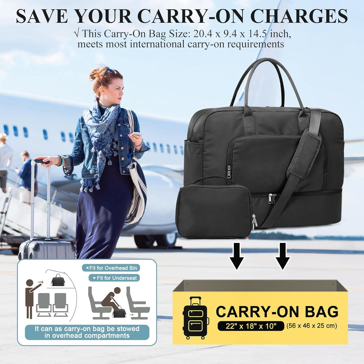 Weekender Bags for Women, Personal Item Travel Bag with Shoes Compartment | Overnight Travel Duffel Bag with Toiletry Bag, Airplane Friendly Carry-On Bag - Colors A