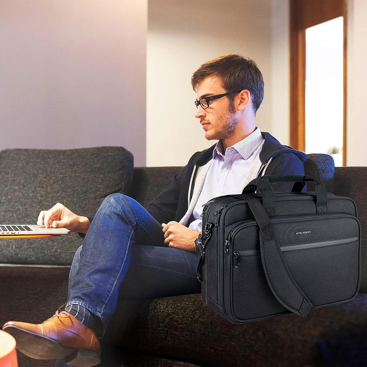 Laptop Bag Premium Laptop Briefcase Fits Up to 17.3 Inch Laptop Expandable Water-Repellent Shoulder Messenger Bag Computer Bag for Travel/Business/Men/Women-Black