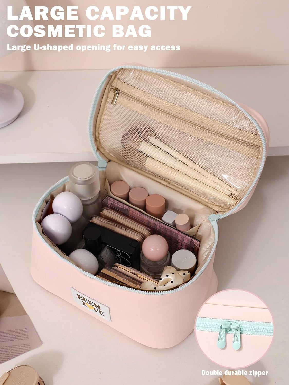 Travel Makeup Bag Large Toiletry Bag Cosmetic Bags for Women Girls Makeup Organizer Bag Pouch with Compartments for Traveling, Pink