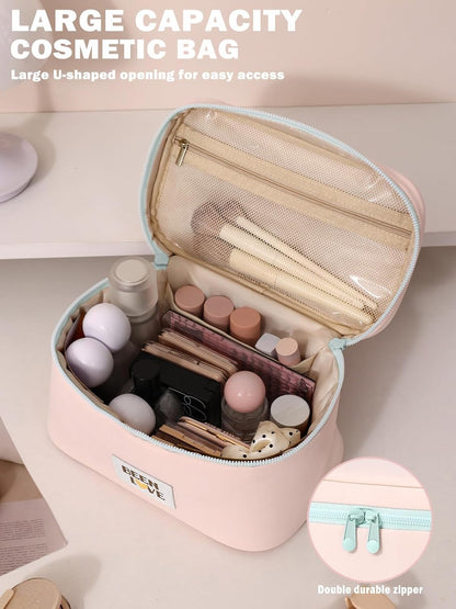 Travel Makeup Bag Large Toiletry Bag Cosmetic Bags for Women Girls Makeup Organizer Bag Pouch with Compartments for Traveling, Pink