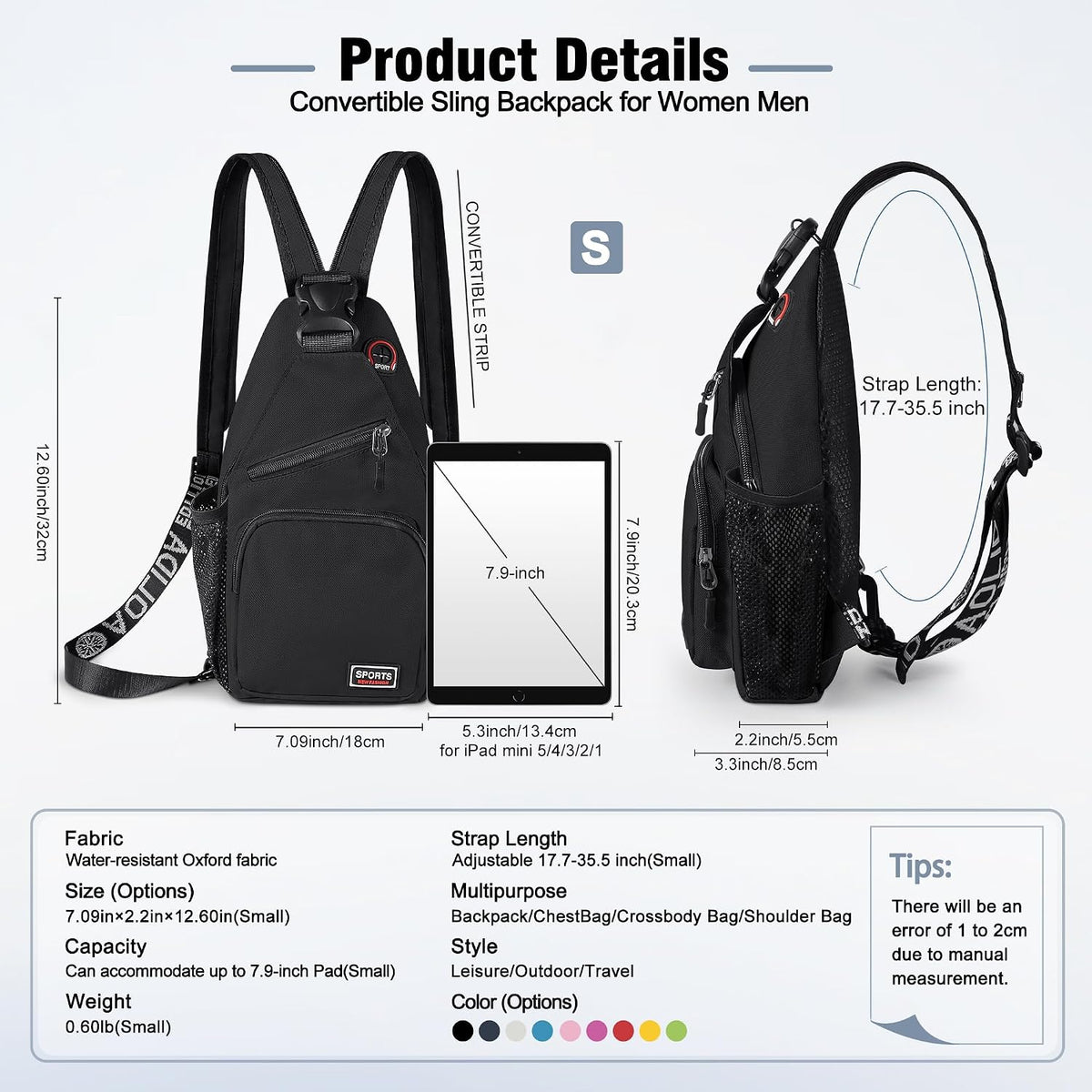 Crossbody Backpack Convertible Sling Bag for Women Men with Adjustable Strap Small Casual Daypack for Hiking Traveling (Large, 13-Inch, Blue)