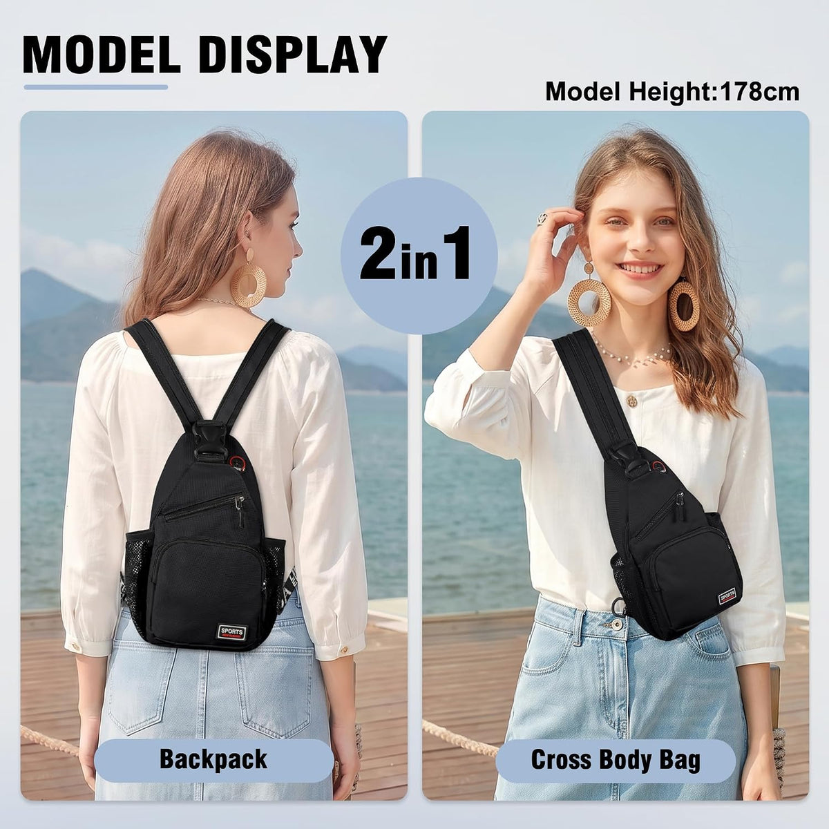 Crossbody Backpack Convertible Sling Bag for Women Men with Adjustable Strap Small Casual Daypack for Hiking Traveling (Large, 13-Inch, Blue)