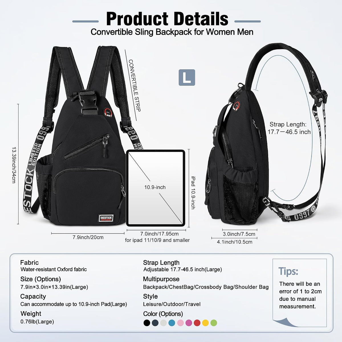 Crossbody Backpack Convertible Sling Bag for Women Men with Adjustable Strap Small Casual Daypack for Hiking Traveling (Large, 13-Inch, Blue)