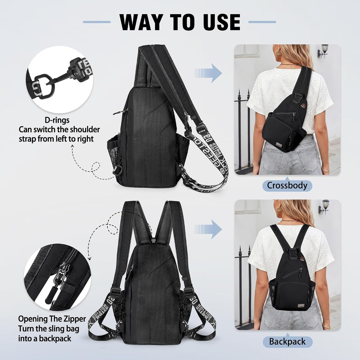 Crossbody Backpack Convertible Sling Bag for Women Men with Adjustable Strap Small Casual Daypack for Hiking Traveling (Large, 13-Inch, Blue)