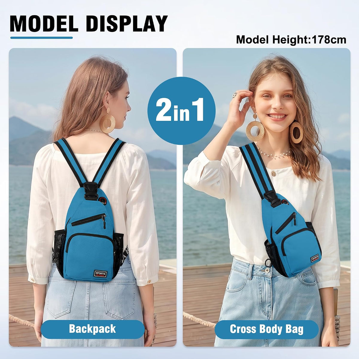 Crossbody Backpack Convertible Sling Bag for Women Men with Adjustable Strap Small Casual Daypack for Hiking Traveling (Large, 13-Inch, Blue)