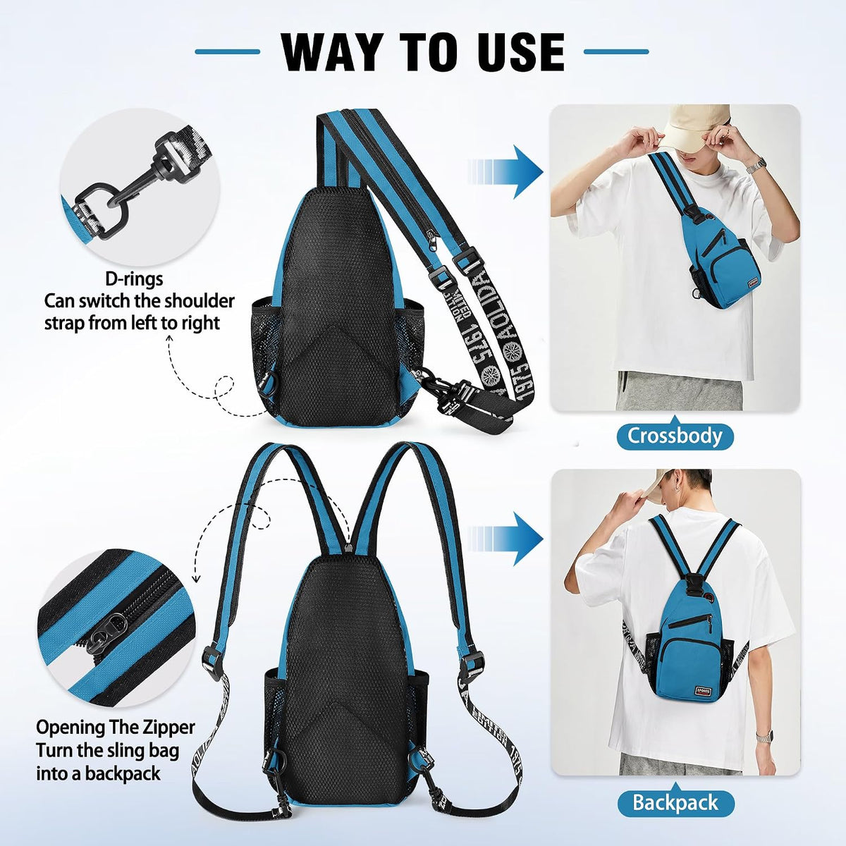 Crossbody Backpack Convertible Sling Bag for Women Men with Adjustable Strap Small Casual Daypack for Hiking Traveling (Large, 13-Inch, Blue)
