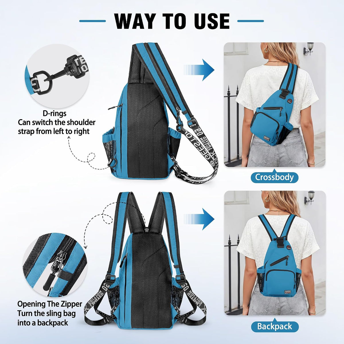 Crossbody Backpack Convertible Sling Bag for Women Men with Adjustable Strap Small Casual Daypack for Hiking Traveling (Large, 13-Inch, Blue)