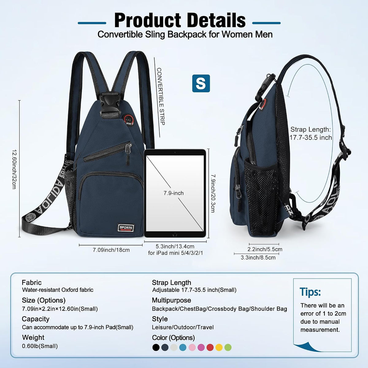 Crossbody Backpack Convertible Sling Bag for Women Men with Adjustable Strap Small Casual Daypack for Hiking Traveling (Large, 13-Inch, Blue)