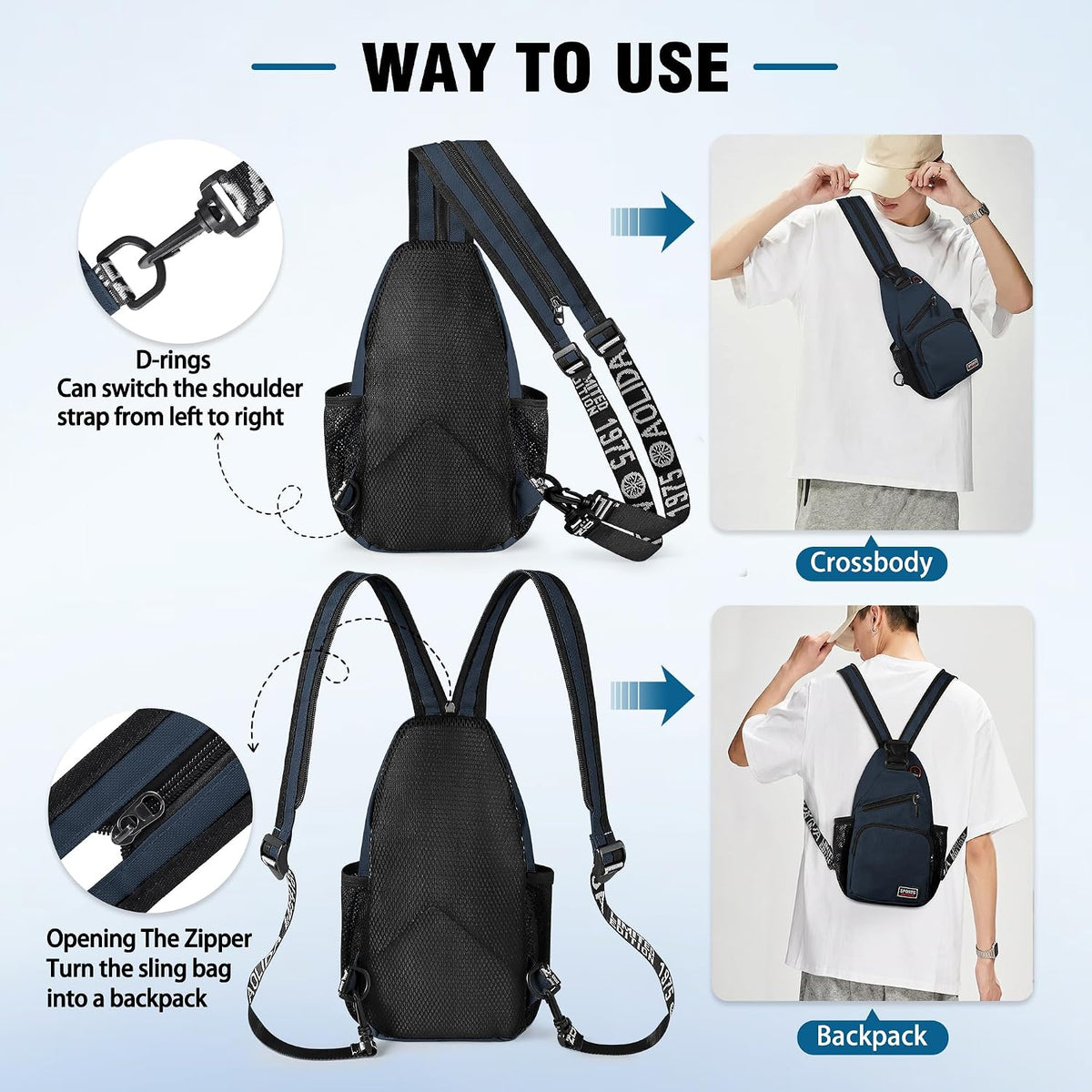 Crossbody Backpack Convertible Sling Bag for Women Men with Adjustable Strap Small Casual Daypack for Hiking Traveling (Large, 13-Inch, Blue)