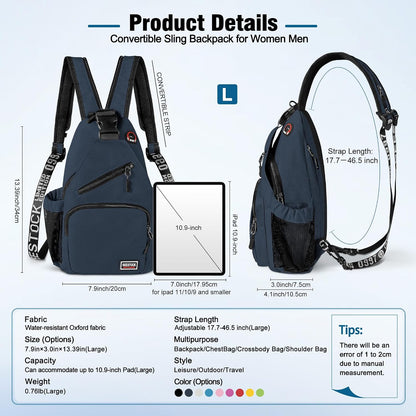 Crossbody Backpack Convertible Sling Bag for Women Men with Adjustable Strap Small Casual Daypack for Hiking Traveling (Large, 13-Inch, Blue)