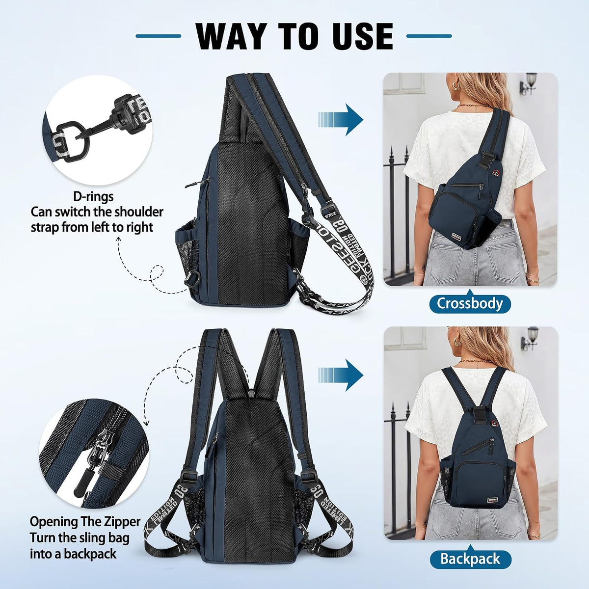 Crossbody Backpack Convertible Sling Bag for Women Men with Adjustable Strap Small Casual Daypack for Hiking Traveling (Large, 13-Inch, Blue)