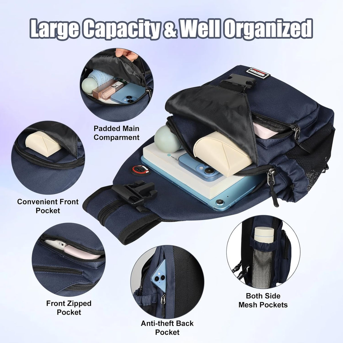 Crossbody Backpack Convertible Sling Bag for Women Men with Adjustable Strap Small Casual Daypack for Hiking Traveling (Large, 13-Inch, Blue)