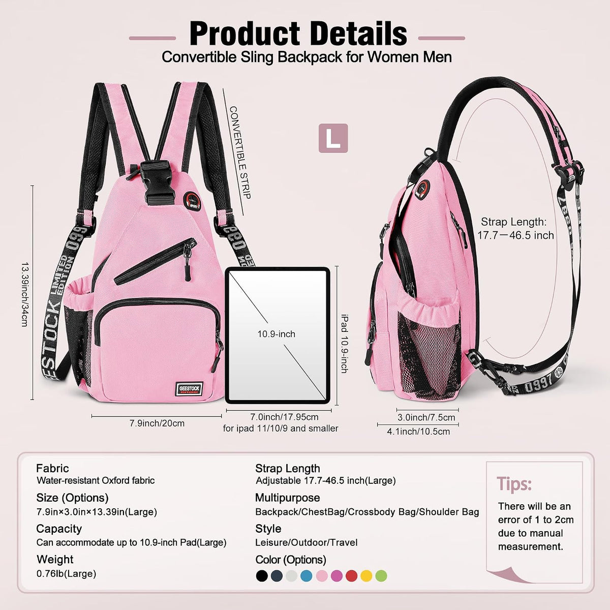 Crossbody Backpack Convertible Sling Bag for Women Men with Adjustable Strap Small Casual Daypack for Hiking Traveling (Large, 13-Inch, Blue)