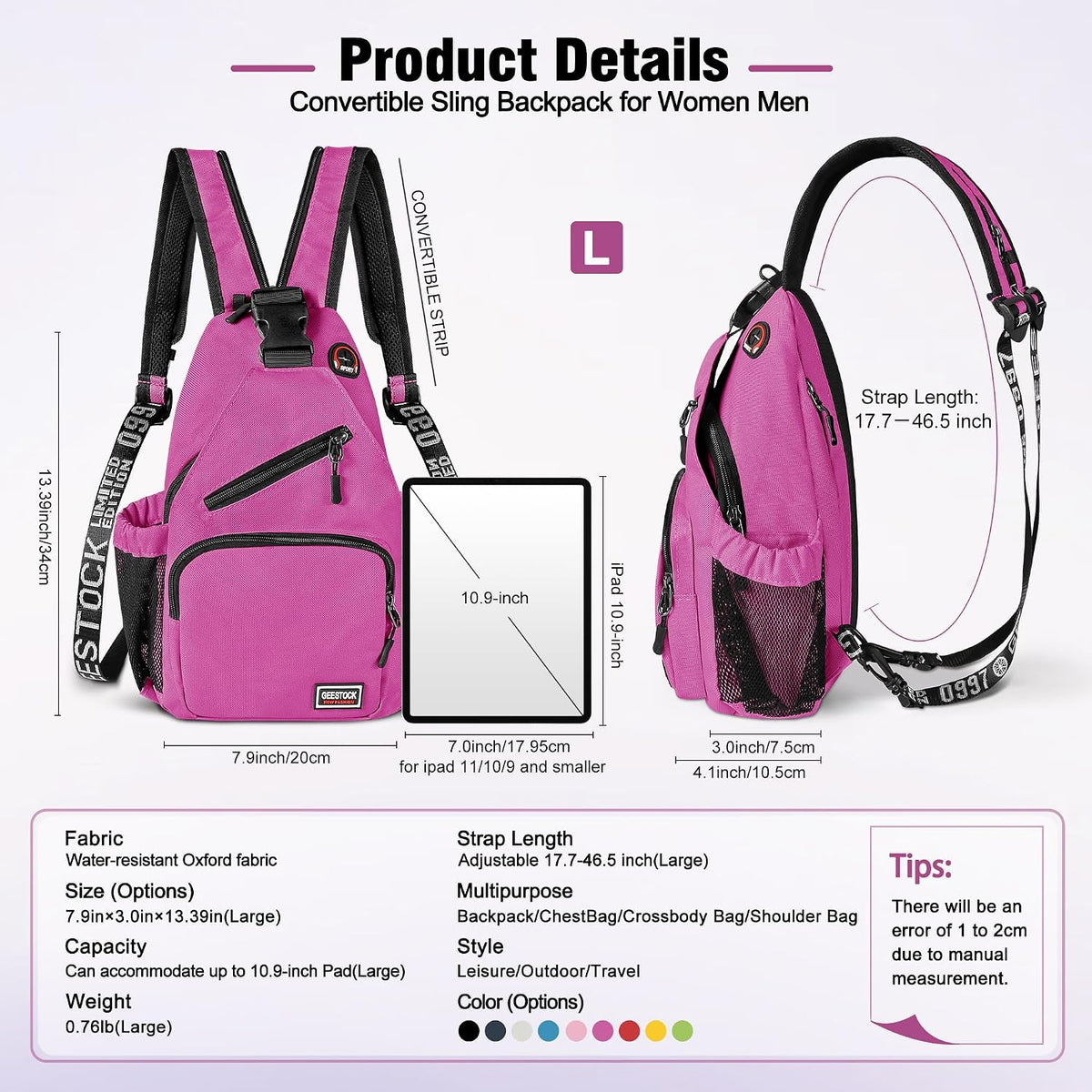 Crossbody Backpack Convertible Sling Bag for Women Men with Adjustable Strap Small Casual Daypack for Hiking Traveling (Large, 13-Inch, Blue)