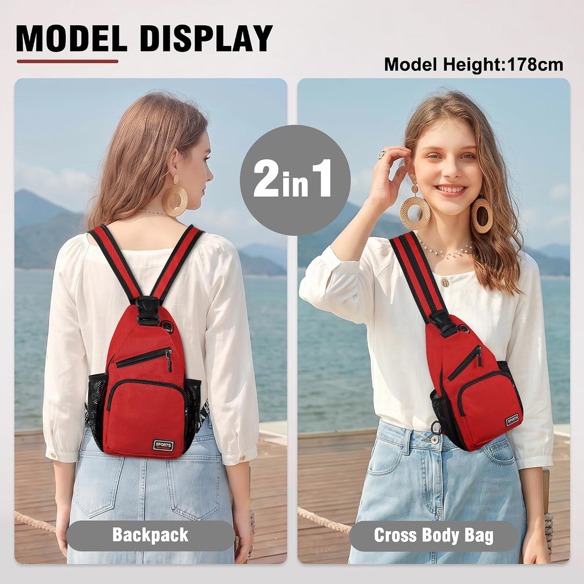 Crossbody Backpack Convertible Sling Bag for Women Men with Adjustable Strap Small Casual Daypack for Hiking Traveling (Large, 13-Inch, Blue)