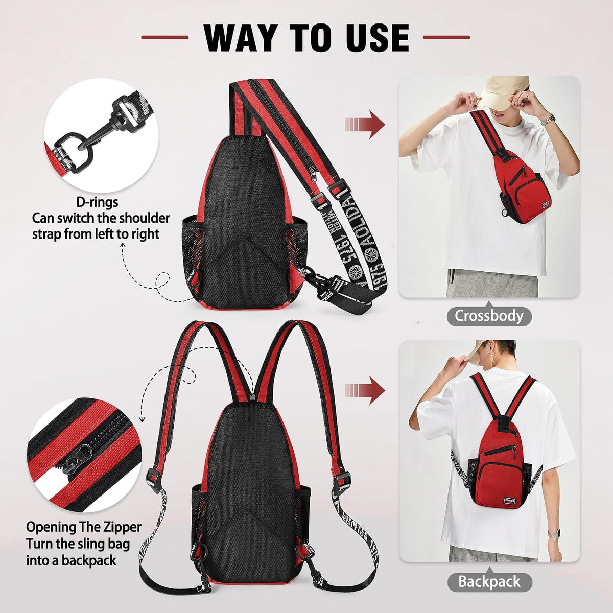 Crossbody Backpack Convertible Sling Bag for Women Men with Adjustable Strap Small Casual Daypack for Hiking Traveling (Large, 13-Inch, Blue)