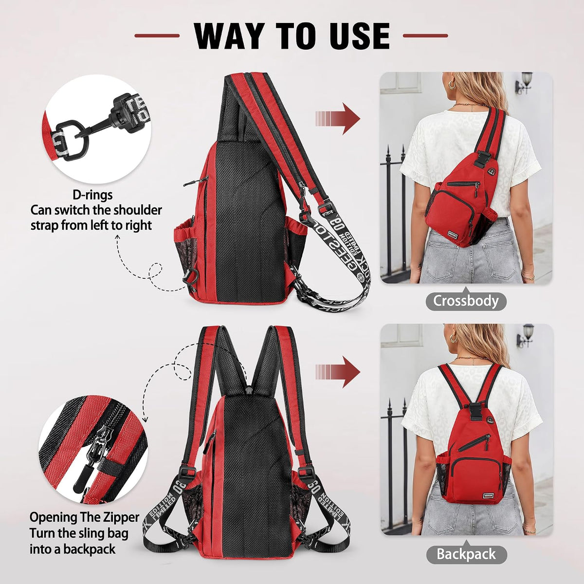 Crossbody Backpack Convertible Sling Bag for Women Men with Adjustable Strap Small Casual Daypack for Hiking Traveling (Large, 13-Inch, Blue)