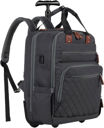 Rolling Backpack, Carry On Luggage Travel Backpack with Wheels, Flight Approved Anti Theft Rolling Bookbag Fits 15.7" Laptop, Rolling Backpack Bag with USB Port for Men Women, Grey