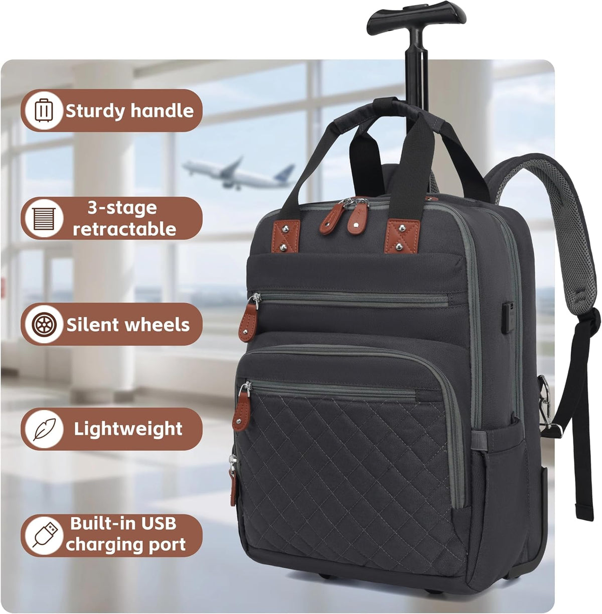 Rolling Backpack, Carry On Luggage Travel Backpack with Wheels, Flight Approved Anti Theft Rolling Bookbag Fits 15.7" Laptop, Rolling Backpack Bag with USB Port for Men Women, Grey