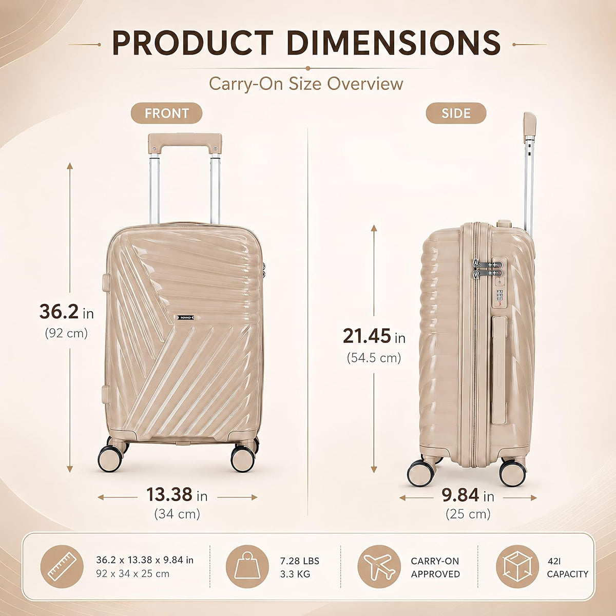 20 In Carry On Luggage with TSA Lock, 22x14x9 Airline Approved Hardside Suitcase, Lightweight PP Travel Luggage with 360° Silent Spinner Wheels, Anti-Burst Zipper for Business (Rose Chevron)