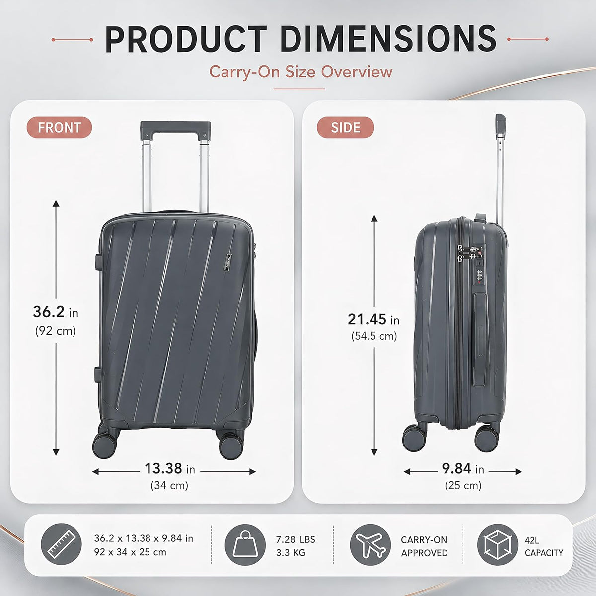 20 In Carry On Luggage with TSA Lock, 22x14x9 Airline Approved Hardside Suitcase, Lightweight PP Travel Luggage with 360° Silent Spinner Wheels, Anti-Burst Zipper for Business (Rose Chevron)