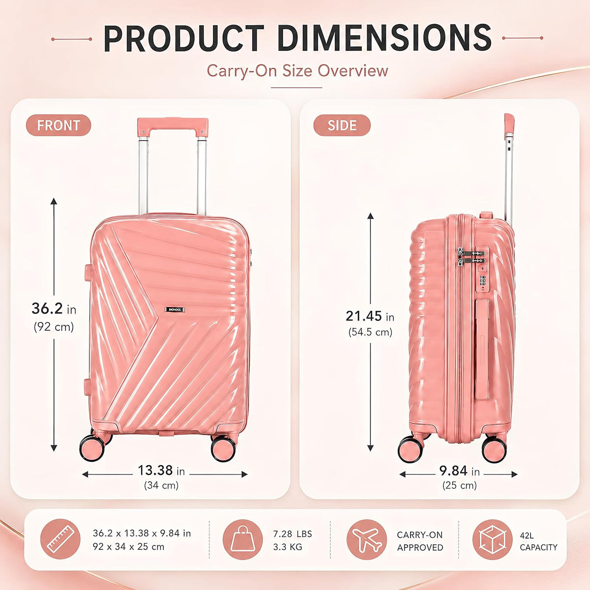 20 In Carry On Luggage with TSA Lock, 22x14x9 Airline Approved Hardside Suitcase, Lightweight PP Travel Luggage with 360° Silent Spinner Wheels, Anti-Burst Zipper for Business (Rose Chevron)