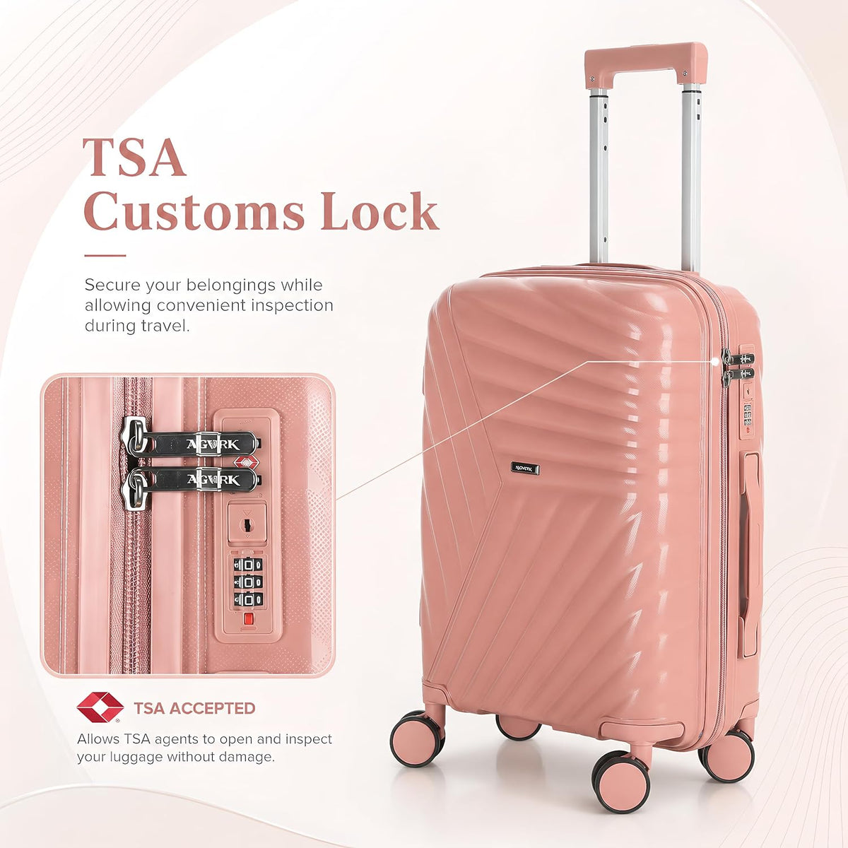 20 In Carry On Luggage with TSA Lock, 22x14x9 Airline Approved Hardside Suitcase, Lightweight PP Travel Luggage with 360° Silent Spinner Wheels, Anti-Burst Zipper for Business (Rose Chevron)