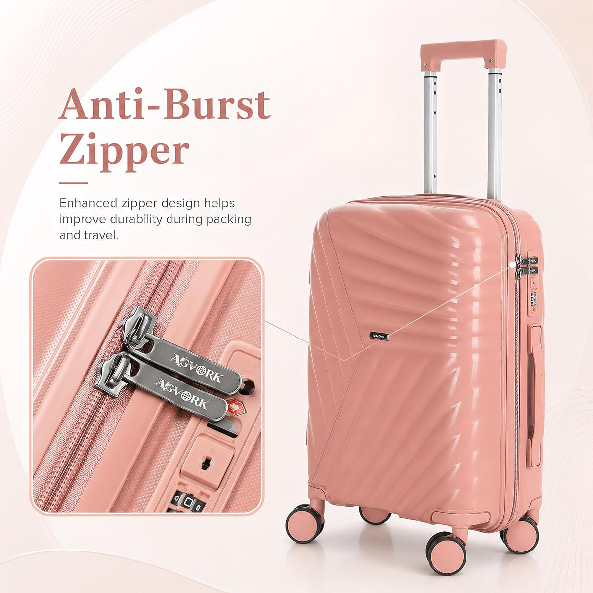 20 In Carry On Luggage with TSA Lock, 22x14x9 Airline Approved Hardside Suitcase, Lightweight PP Travel Luggage with 360° Silent Spinner Wheels, Anti-Burst Zipper for Business (Rose Chevron)