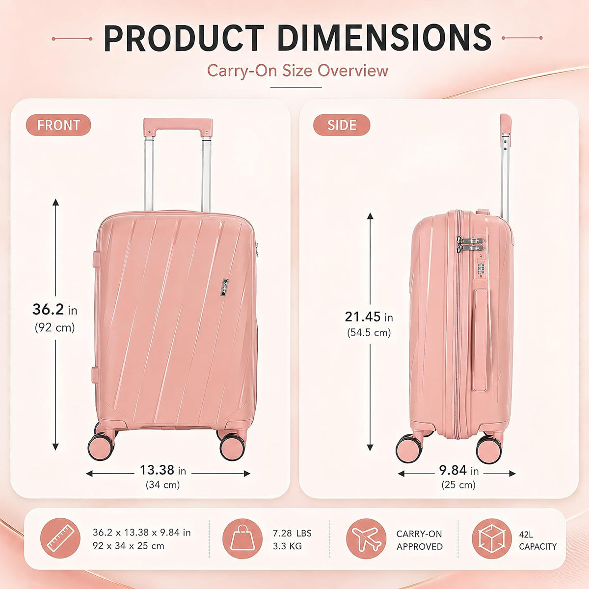 20 In Carry On Luggage with TSA Lock, 22x14x9 Airline Approved Hardside Suitcase, Lightweight PP Travel Luggage with 360° Silent Spinner Wheels, Anti-Burst Zipper for Business (Rose Chevron)