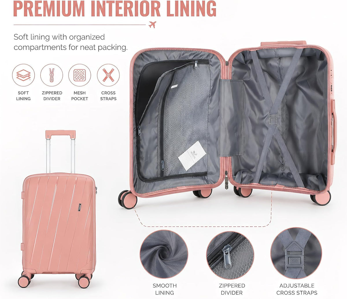 20 In Carry On Luggage with TSA Lock, 22x14x9 Airline Approved Hardside Suitcase, Lightweight PP Travel Luggage with 360° Silent Spinner Wheels, Anti-Burst Zipper for Business (Rose Chevron)