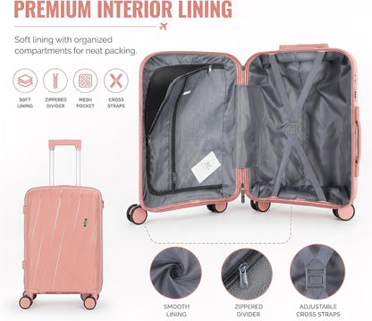 20 In Carry On Luggage with TSA Lock, 22x14x9 Airline Approved Hardside Suitcase, Lightweight PP Travel Luggage with 360° Silent Spinner Wheels, Anti-Burst Zipper for Business (Rose Chevron)
