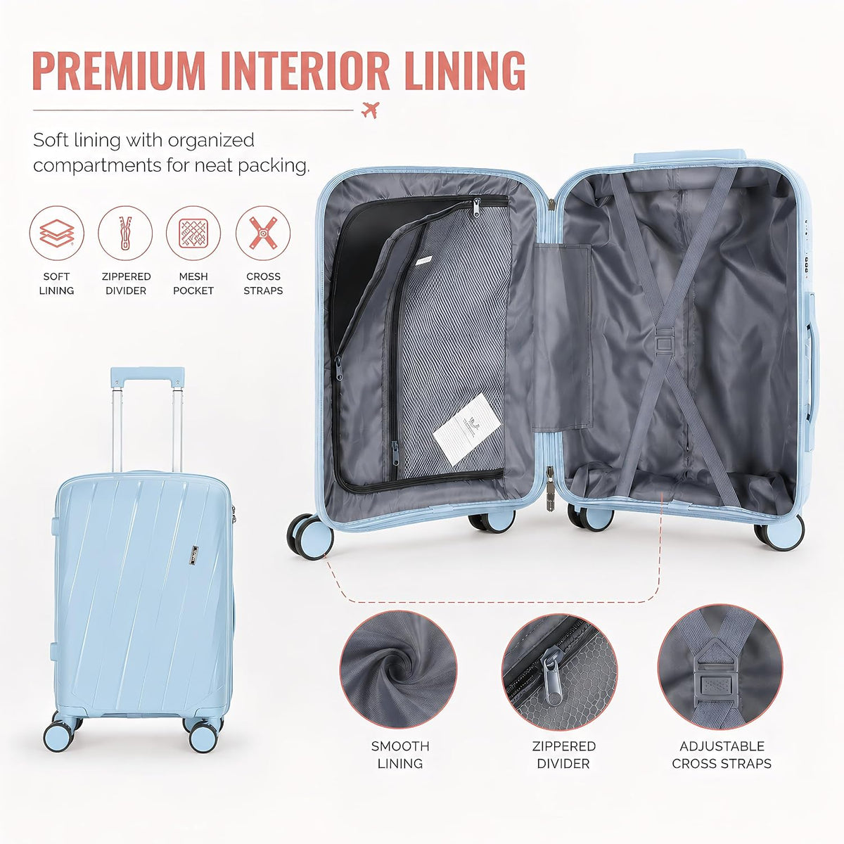 20 In Carry On Luggage with TSA Lock, 22x14x9 Airline Approved Hardside Suitcase, Lightweight PP Travel Luggage with 360° Silent Spinner Wheels, Anti-Burst Zipper for Business (Rose Chevron)
