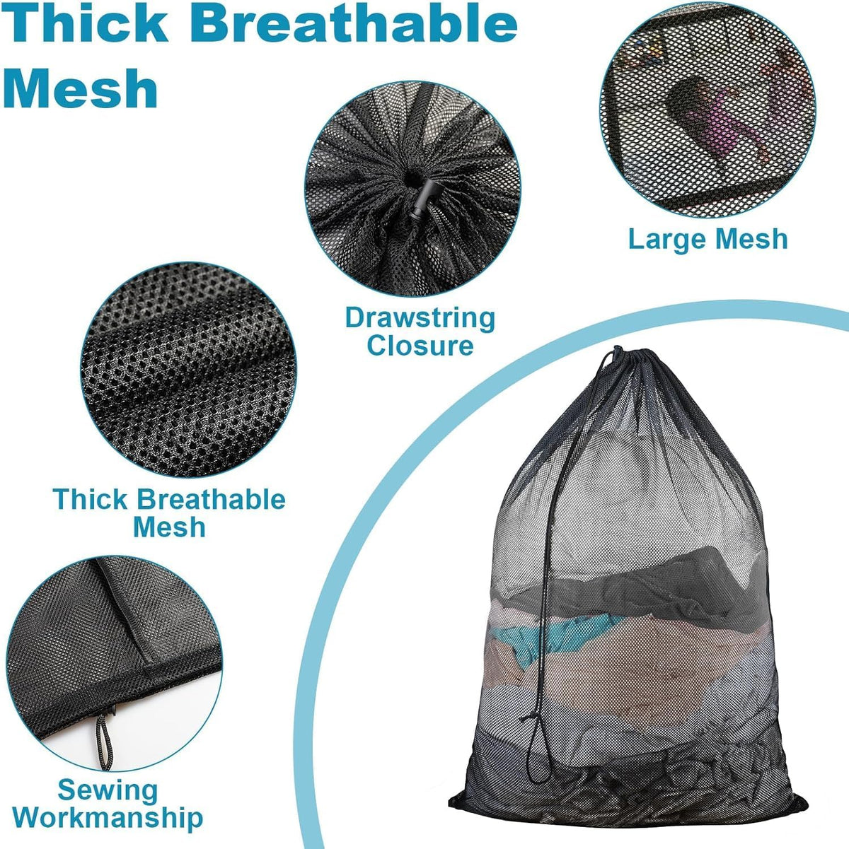 2 Pack Mesh Laundry Bags, 23 x 34 Inches Heavy Duty Mesh Laundry Bag, Large Laundry Drawstring Bag for College, Dorm, Travel, Family and Apartment Dwellers (white)