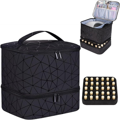 Nail Polish Organizer Holds 35 Bottles & Nail Lamp, Nail Organizers and Storage, Double Layer Nail Bag with Handle & Shoulder Strap for Travel, Nail Supplies Organizer for Manicure Kit (Black)