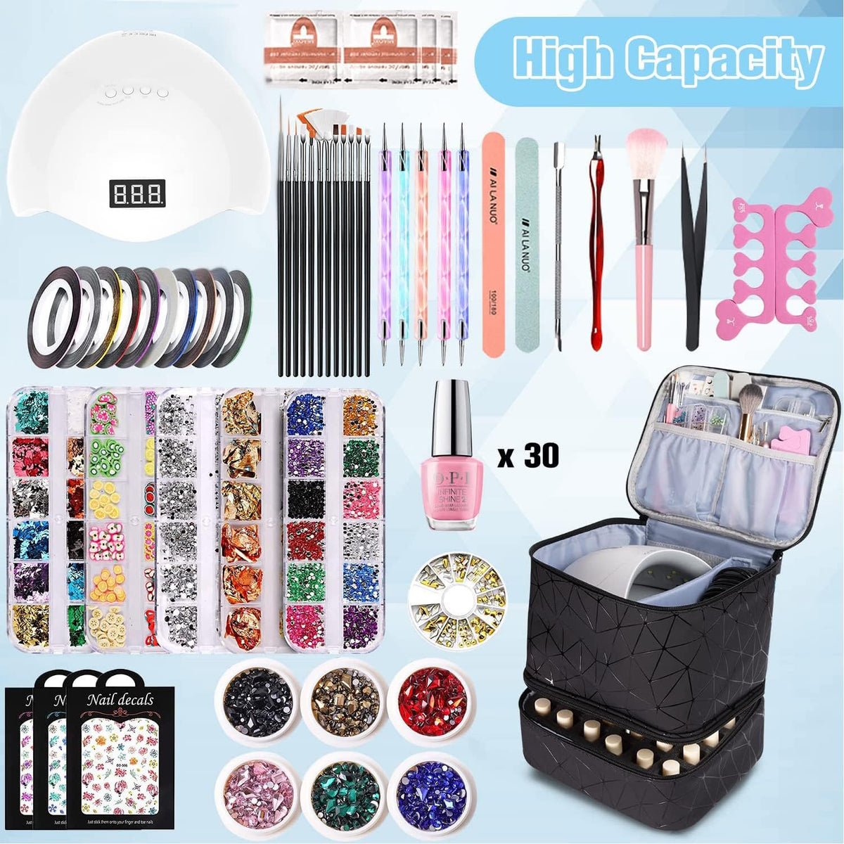Nail Polish Organizer Holds 35 Bottles & Nail Lamp, Nail Organizers and Storage, Double Layer Nail Bag with Handle & Shoulder Strap for Travel, Nail Supplies Organizer for Manicure Kit (Black)