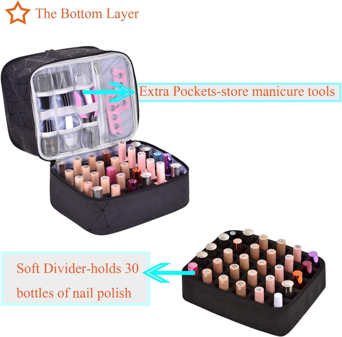 Nail Polish Organizer Holds 35 Bottles & Nail Lamp, Nail Organizers and Storage, Double Layer Nail Bag with Handle & Shoulder Strap for Travel, Nail Supplies Organizer for Manicure Kit (Black)