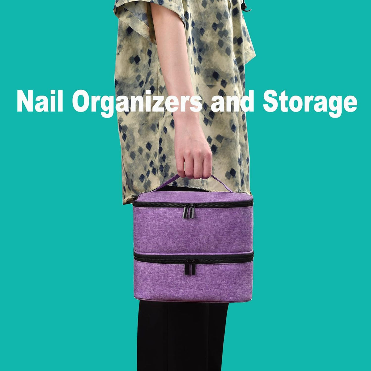 Nail Polish Organizer Holds 35 Bottles & Nail Lamp, Nail Organizers and Storage, Double Layer Nail Bag with Handle & Shoulder Strap for Travel, Nail Supplies Organizer for Manicure Kit (Black)