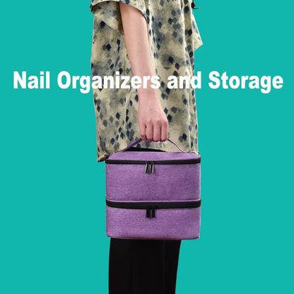 Nail Polish Organizer Holds 35 Bottles & Nail Lamp, Nail Organizers and Storage, Double Layer Nail Bag with Handle & Shoulder Strap for Travel, Nail Supplies Organizer for Manicure Kit (Black)
