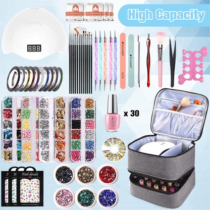 Nail Polish Organizer Holds 35 Bottles & Nail Lamp, Nail Organizers and Storage, Double Layer Nail Bag with Handle & Shoulder Strap for Travel, Nail Supplies Organizer for Manicure Kit (Black)