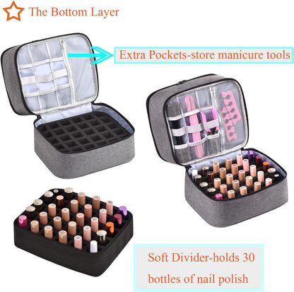 Nail Polish Organizer Holds 35 Bottles & Nail Lamp, Nail Organizers and Storage, Double Layer Nail Bag with Handle & Shoulder Strap for Travel, Nail Supplies Organizer for Manicure Kit (Black)