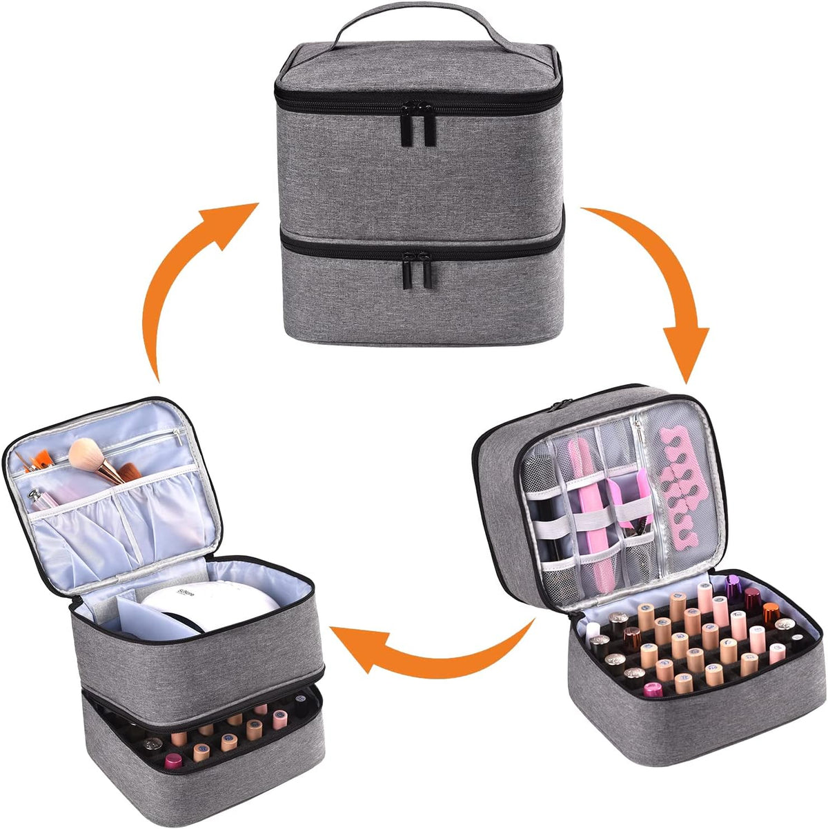 Nail Polish Organizer Holds 35 Bottles & Nail Lamp, Nail Organizers and Storage, Double Layer Nail Bag with Handle & Shoulder Strap for Travel, Nail Supplies Organizer for Manicure Kit (Black)