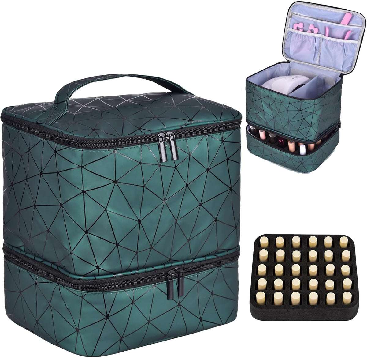 Nail Polish Organizer Holds 35 Bottles & Nail Lamp, Nail Organizers and Storage, Double Layer Nail Bag with Handle & Shoulder Strap for Travel, Nail Supplies Organizer for Manicure Kit (Black)