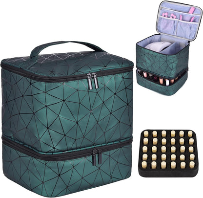 Nail Polish Organizer Holds 35 Bottles & Nail Lamp, Nail Organizers and Storage, Double Layer Nail Bag with Handle & Shoulder Strap for Travel, Nail Supplies Organizer for Manicure Kit (Black)