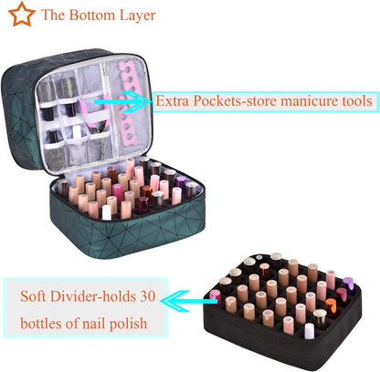 Nail Polish Organizer Holds 35 Bottles & Nail Lamp, Nail Organizers and Storage, Double Layer Nail Bag with Handle & Shoulder Strap for Travel, Nail Supplies Organizer for Manicure Kit (Black)