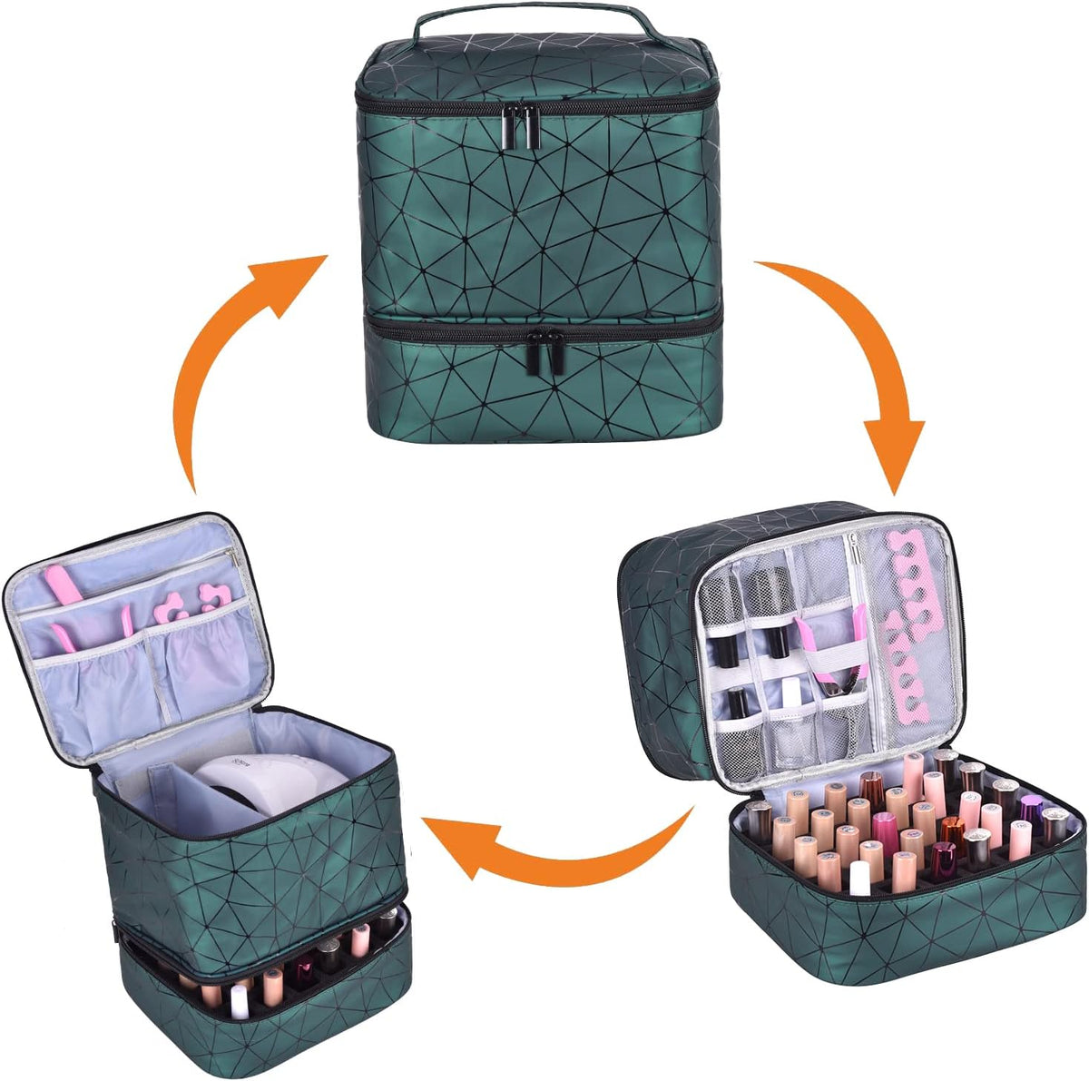 Nail Polish Organizer Holds 35 Bottles & Nail Lamp, Nail Organizers and Storage, Double Layer Nail Bag with Handle & Shoulder Strap for Travel, Nail Supplies Organizer for Manicure Kit (Black)