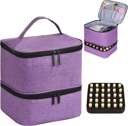 Nail Polish Organizer Holds 35 Bottles & Nail Lamp, Nail Organizers and Storage, Double Layer Nail Bag with Handle & Shoulder Strap for Travel, Nail Supplies Organizer for Manicure Kit (Black)